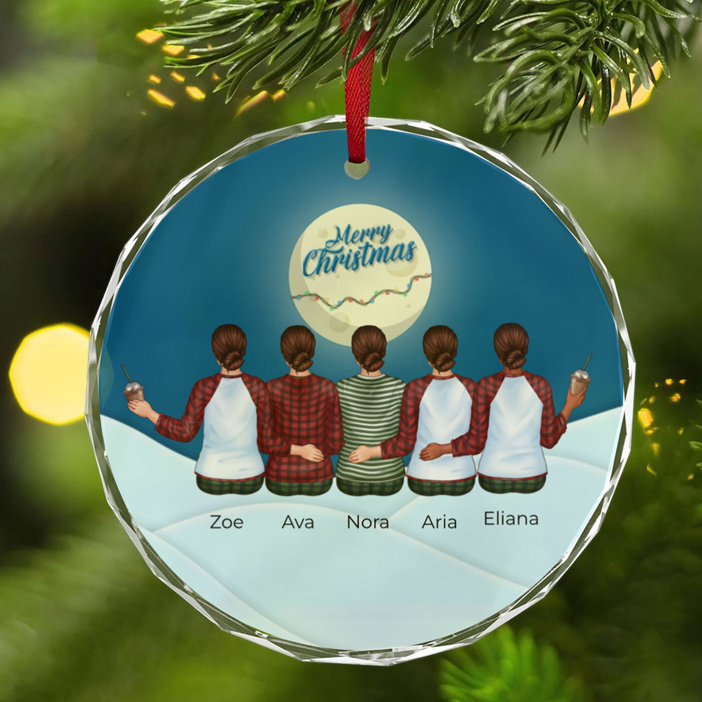 Personalized Christmas Ornament with Besties in Matching Outfits | Circle Glass Ornament